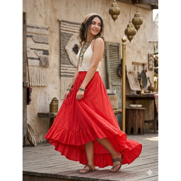 easel Dresses & Skirts - Easel High Low Maxi Skirt Womens Large Red Excellent Condition Ruffle Boho